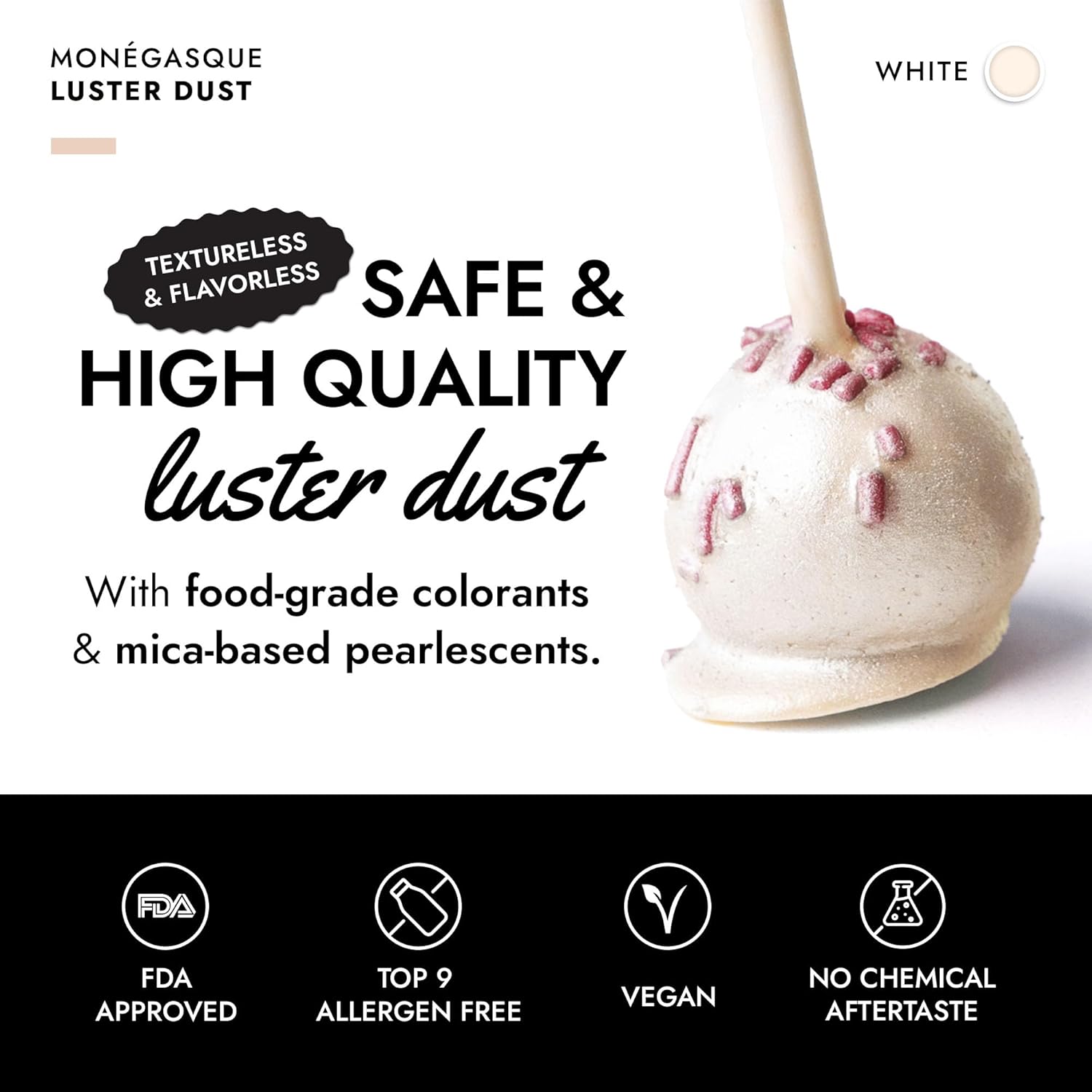 White Edible Luster Dust - product label and ingredients