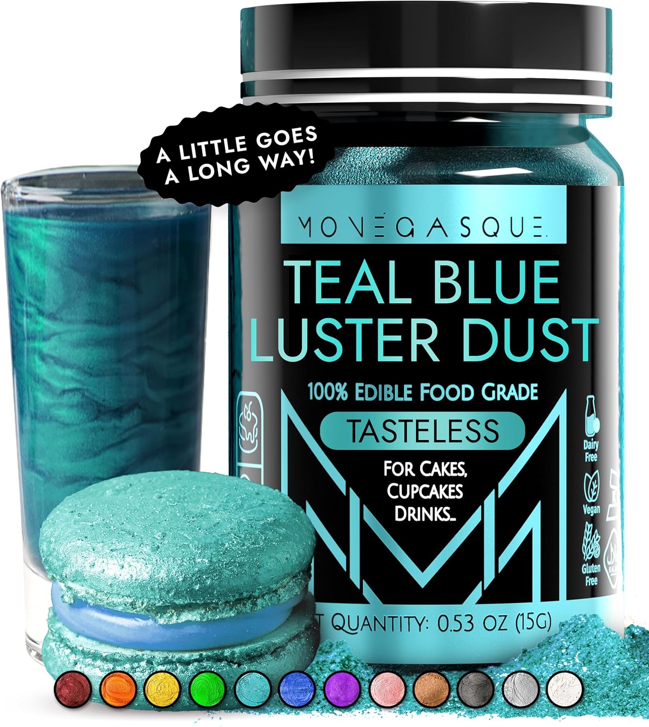 Teal Blue Edible Luster Dust jar - front view